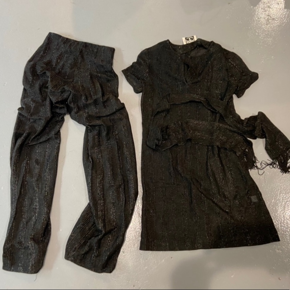 Vintage 1960’s black sparkle outfit w tunic / dress, pants & fringe belt size 0